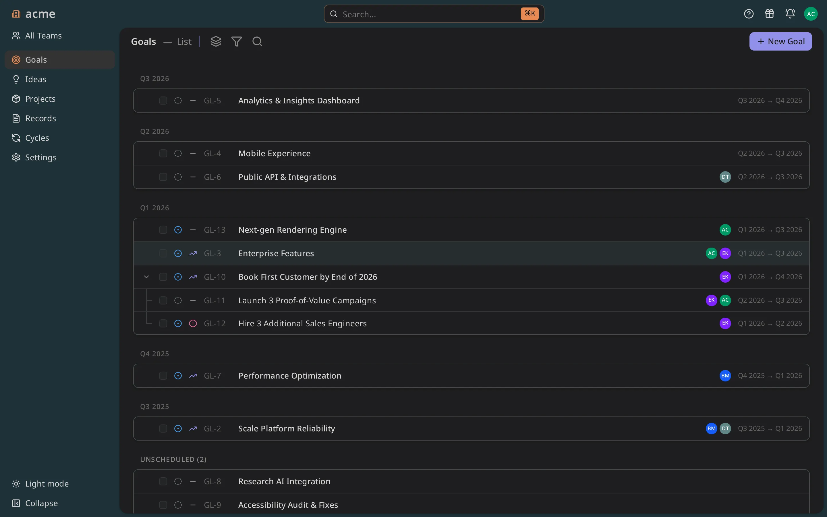 Goals list showing owner avatars and type icons inline