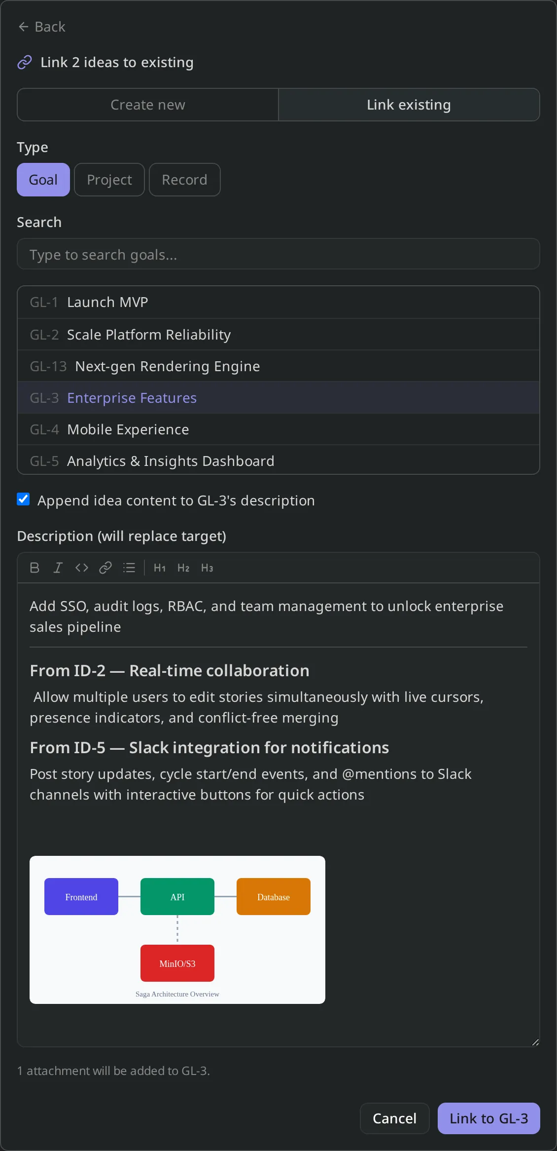 Inspire form linking ideas ID-2 and ID-5 to GL-3, with "Append idea content" toggled on so the goal's description merges in each idea's body and attachment