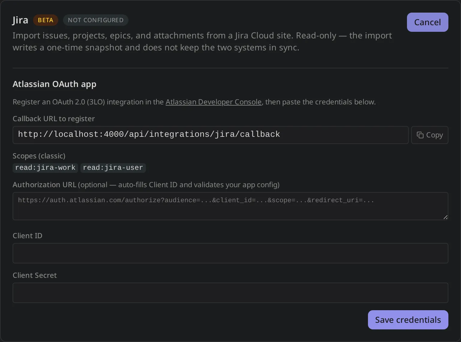 Jira integration setup screen with the OAuth credentials form open